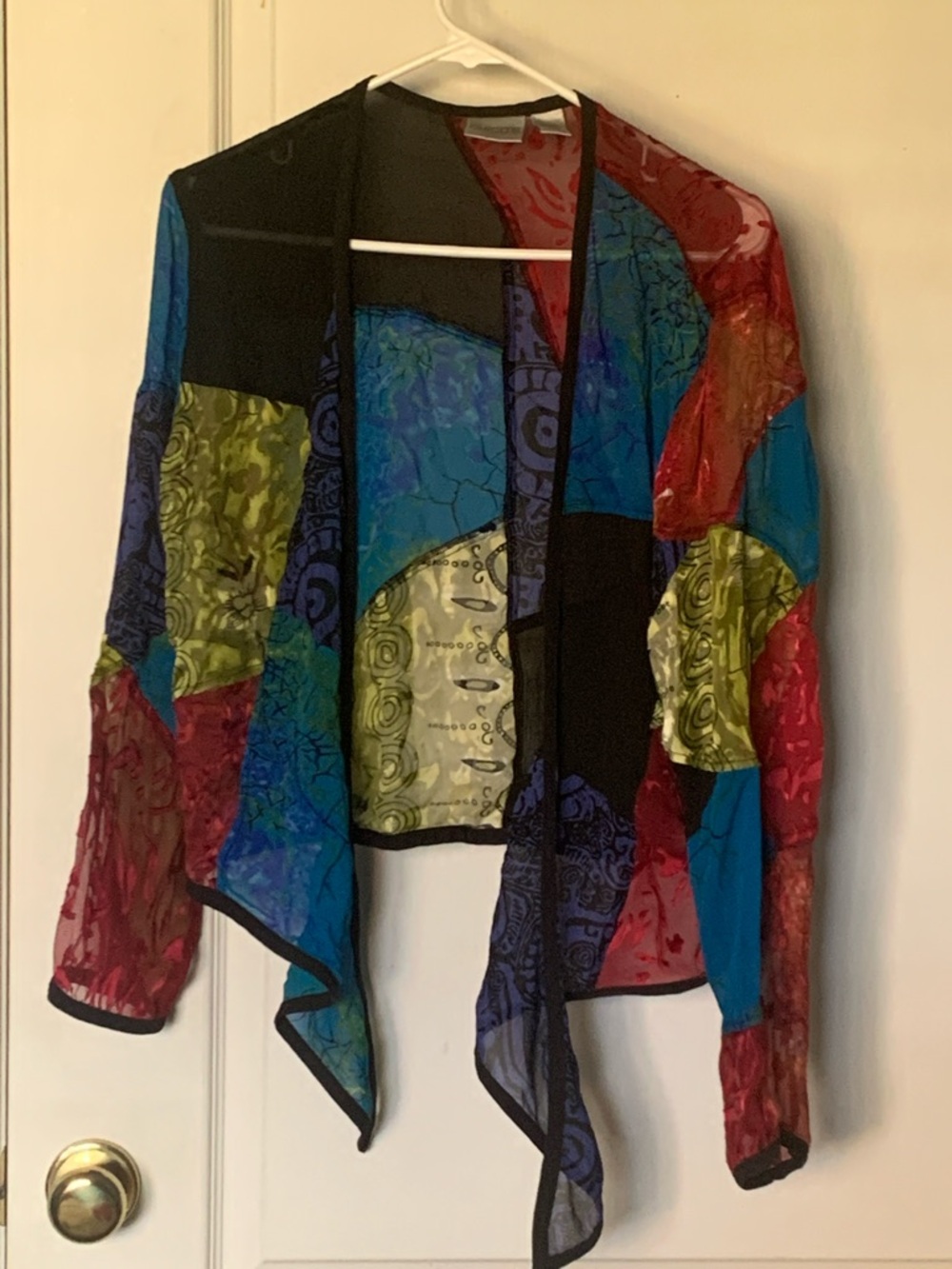 Chico's Sheer Floral-Print Open Cardigan in Red and Blue